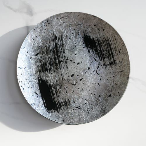 The Brush Series #005: Large Platter in Silver and Black | Decorative Plate in Decorative Objects by Carolyn Powers Designs