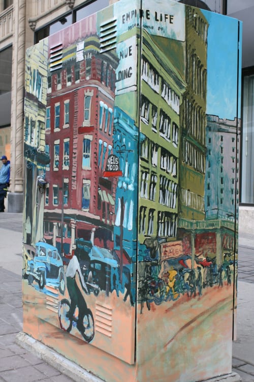 Busy Streets, Utility Box used for bus transportation | Murals by Sarah Collard of Collard Creations