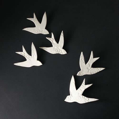 Swallows Over Morocco White Porcelain Bird - Set of 5 | Wall Sculpture in Wall Hangings by Elizabeth Prince Ceramics