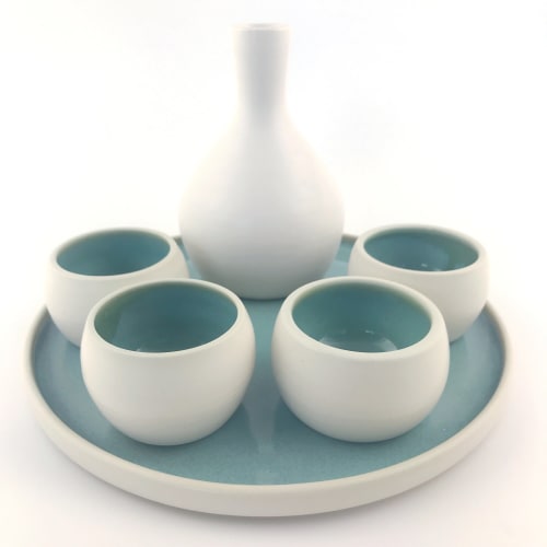 Sake Set White Turquoise | Tableware by Tina Fossella Pottery