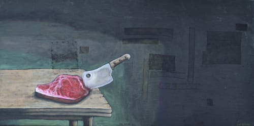Painting of a steak and a cleaver.