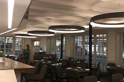 Custom Aluminum Circle Fixtures | Chandeliers by CP Lighting | Mediterraneo Restaurant in Greenwich