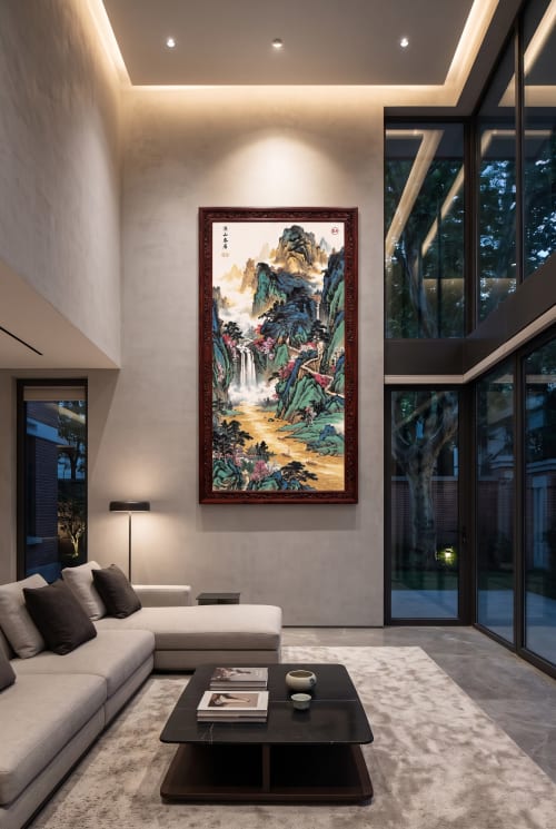 Hand-Painted Spring Dwelling: Blue & Green Silk/Xuan Art | Oil And Acrylic Painting in Paintings by Dynasty Artisan