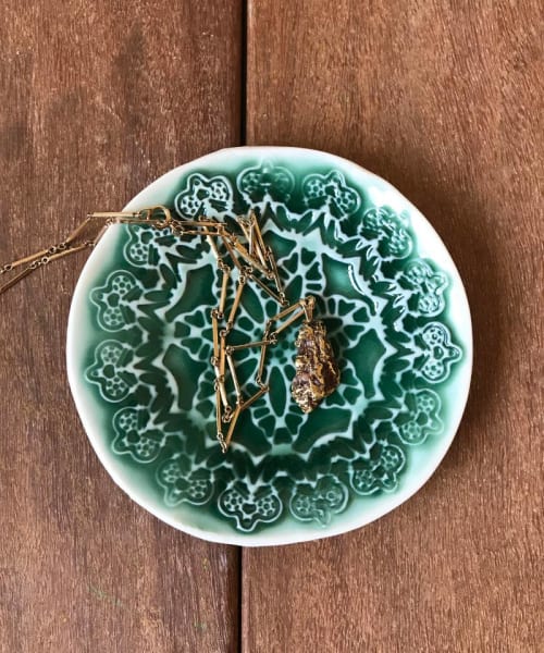 Green Textured Ceramic Jewelry Holder Mandala | Art & Wall Decor by ShellyClayspot