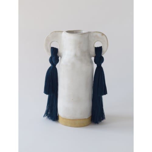 Handmade Ceramic Vase #606 in White Glaze with Blue Fringe | Vases & Vessels by Karen Gayle Tinney
