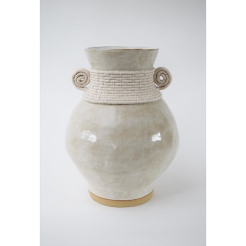 Handmade Ceramic Vase #796, Off White Glaze & Woven Cotton | Vases & Vessels by Karen Gayle Tinney