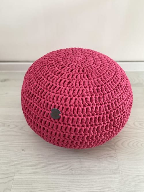 Round bright hot pink and mustard hand-knitted pouf | Pillows by Anzy Home