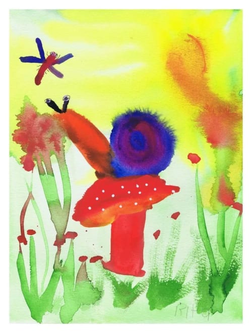 Snail on a Mushroom - Original Watercolor | Watercolor Painting in Paintings by Rita Winkler - "My Art, My Shop" (original watercolors by artist with Down syndrome)
