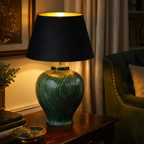 Handcarved Green Ceramic Table Lamp: Black & Gold Shade | Lamps by ENOceramics