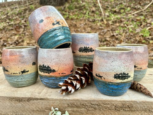 Painted landscape stemless wine cups, handmade stoneware | Drinkware by Honey Bee Hill Ceramics
