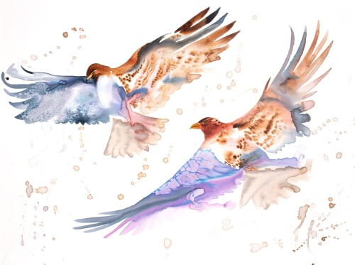 Hawks in Flight : Original Watercolor Painting on Canvas | Paintings by Elizabeth Becker