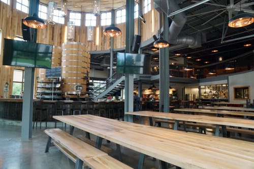 Community Tables, Countertops, Stair Treads, Wood Wall, and 65' circumference Bar Top. | Furniture by Carolina Urban Lumber | Legion Brewing South Park in Charlotte