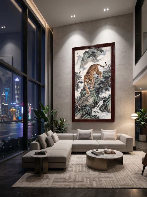 Hand-Painted Silk Tiger Mountain Landscape Wall Art | Oil And Acrylic Painting in Paintings by Dynasty Artisan