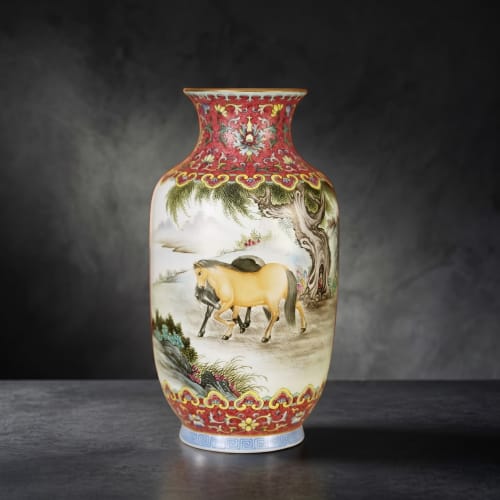 Qing Qianlong Famille Rose Sgraffito Panoramic Steeds Vase | Vases & Vessels by Dynasty Artisan