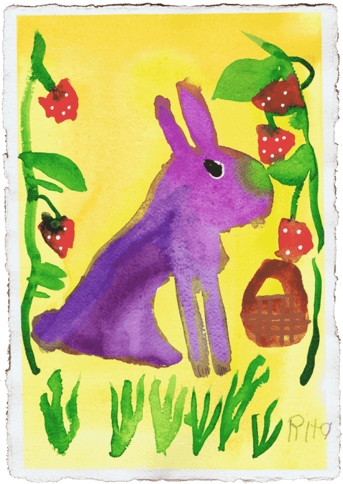 Rabbit with Strawberries - Original Watercolor | Paintings by Rita Winkler - "My Art, My Shop" (original watercolors by artist with Down syndrome)