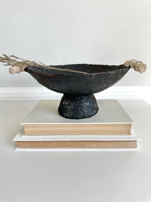Earthy Black Pedestal Bowl Paper Mache Material | Decorative Bowl in Decorative Objects by TM Olson Collection