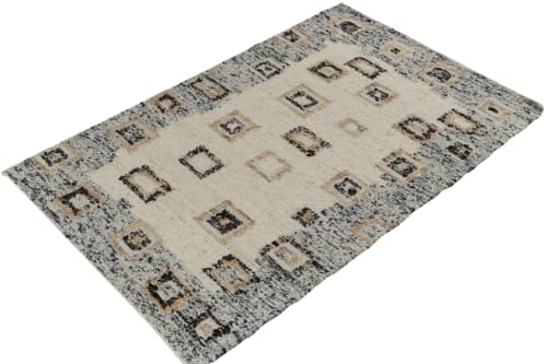 Modern Kilim rug in White, Blue Border, Geometric Patterns | Rugs by Rug and Kilim