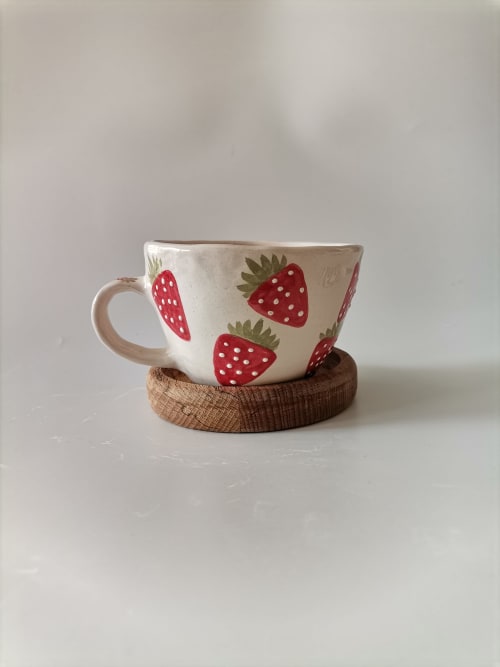 Handmade Extra Large Coffee Mug Cute Strawberries | Drinkware by HulyaKayalarCeramics