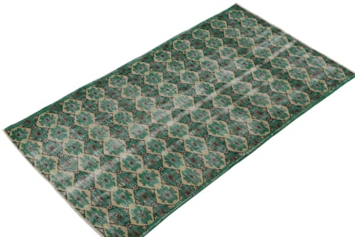 1960s Vintage Distressed Rug in Teal Green Lattice Patterns | Area Rug in Rugs by Rug and Kilim