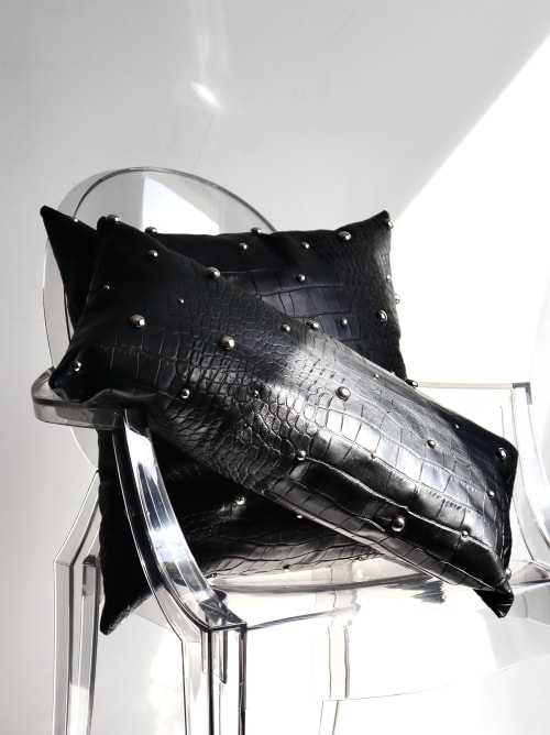 Black Embossed Leather Throw Pillow with Chrome Pearls | Pillows by Metal Mingle Studio