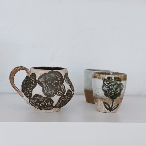 Skull flower black and cream mug | Cups by Muddythings by Mayon Hanania | Marida- Jewelry and Gifts in Long Beach