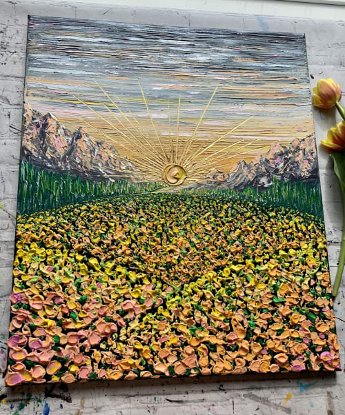 Beautiful textured landscape painting, featuring mountains, sun-rays, trees and abstract flowers | Paintings by Expression By Nada