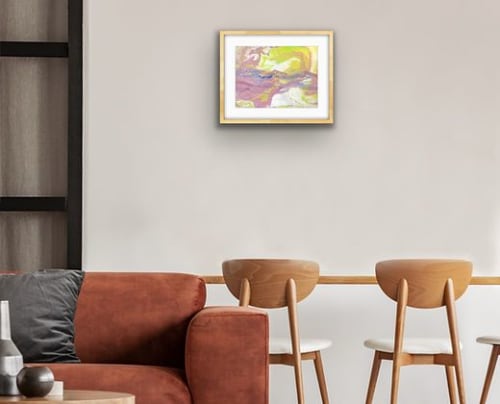 Neon Sun I Japanese Marbling, Ink on Paper I Oak Frame | Paintings by KMOK Art