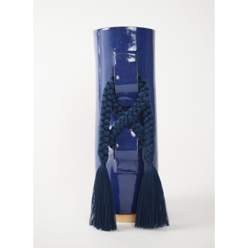 Handmade ceramic Vase #696 in Blue with Tencel Braid | Vases & Vessels by Karen Gayle Tinney