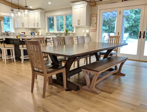 White Oak Dining Set:  Trestle Table, matching bench, chairs | Tables by GlessBoards