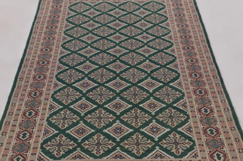 Vintage Bokhara Rug in Forest Green with Pink Geometric | Rugs by Rug and Kilim