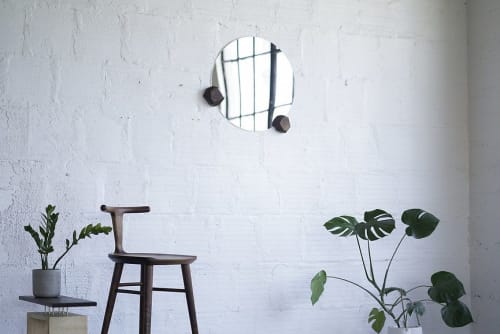 Round Wall Mirror With Geometric Hardwood Knobs | Wall Hangings by THE IRON ROOTS DESIGNS