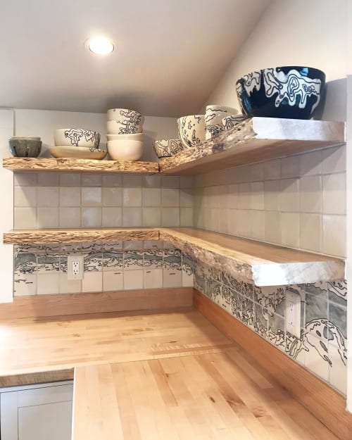 Hudson River and Catskills Mountain Tile Installation, with Dinnerware Set | Tiles by Cheyenne Mallo Pottery