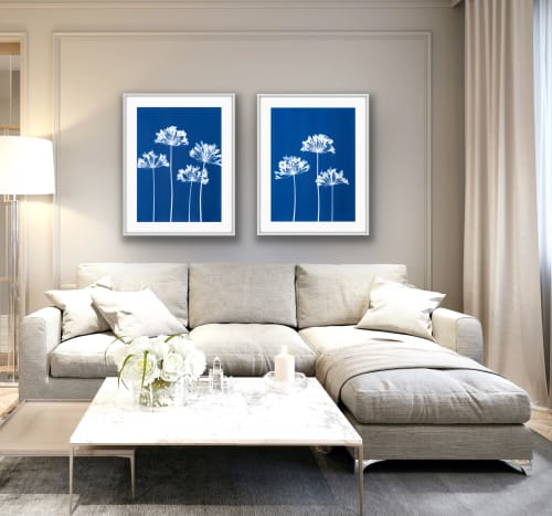 Seven Agapanthus Flowers Diptych: PAIR of 30 x 22" monotypes | Photography by Christine So