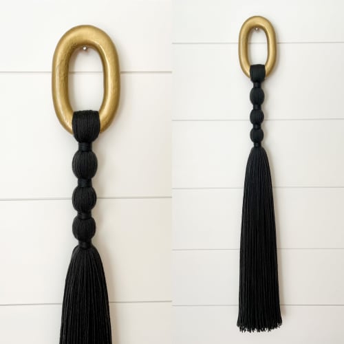 Black and gold Tassel fiber art wall hanging | Wall Hangings by The Cotton Yarn