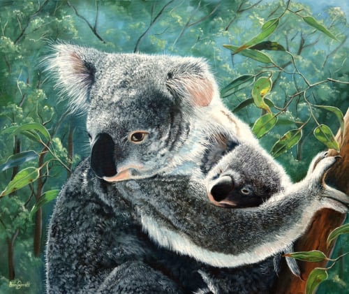 Koala and Baby - 'A Mothers' Love' | Oil And Acrylic Painting in Paintings by Ebony Bennett - Birdwood Illustrations