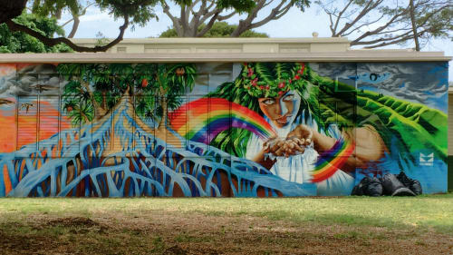 Ho'okahe Wai Ho'oulu 'Āina" (When the water flows, the land thrives.) by Mele Murals seen at Kaimukī High School, Honolulu | Wescover