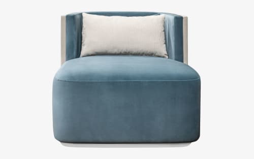 Papillonne Blue Velvet and Beige Corduroy Fabric Armchair | Chairs by LAGU