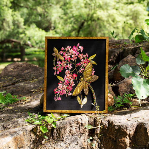 Embroidery Work Wall Art of Cherry Blossom & 3D Dragonfly | Mixed Media by MagicSimSim