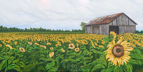 Sunflower field with barn | Paintings by Brenda Calvert