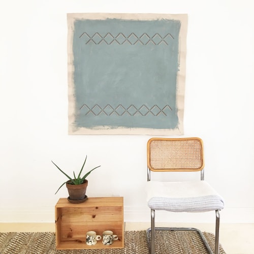 Blue-Sage Green Minimalist Painting with Embroidered Arrows | Paintings by Emily Keating Snyder
