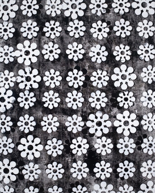 Black and White floral/industrial patterns. Shadows on textured background. Shiny enamel, matte oil paint | Art Curation by Margaret Lanzetta