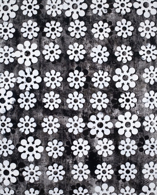 Black and White floral/industrial patterns. Shadows on textured background. Shiny enamel, matte oil paint | Paintings by Margaret Lanzetta