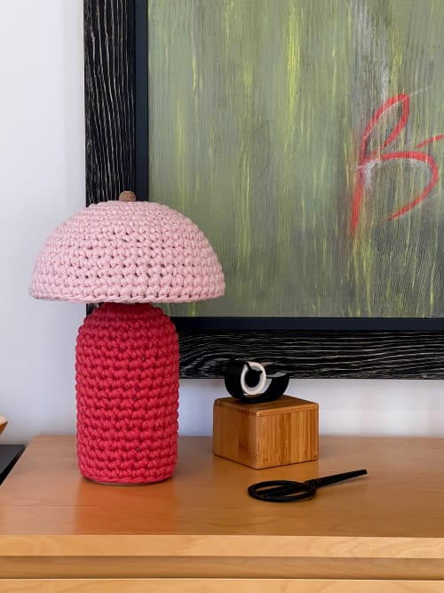 The Knitty Table Lamp in Cherry Red and Pale Pink | Lamps by Meg Morrison