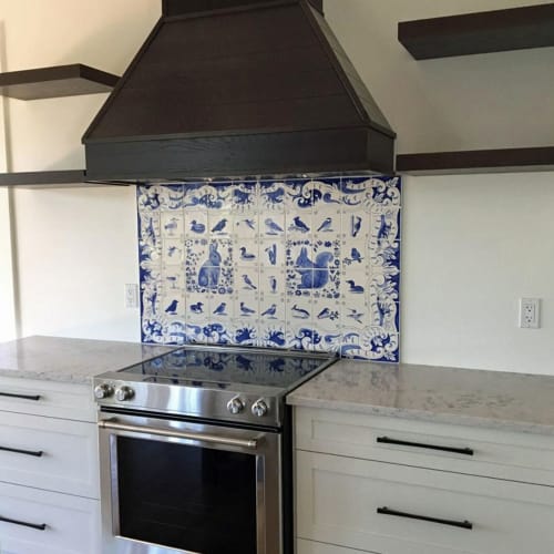 Blue and White Rabbit, Squirrel and Bird tile panel. | Tiles by Reptile Tiles
