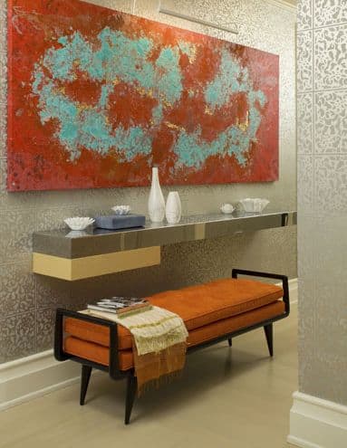 Sensuousness. Coral red and turquoise blue painting in a silver hallway | Paintings by Paul Seftel