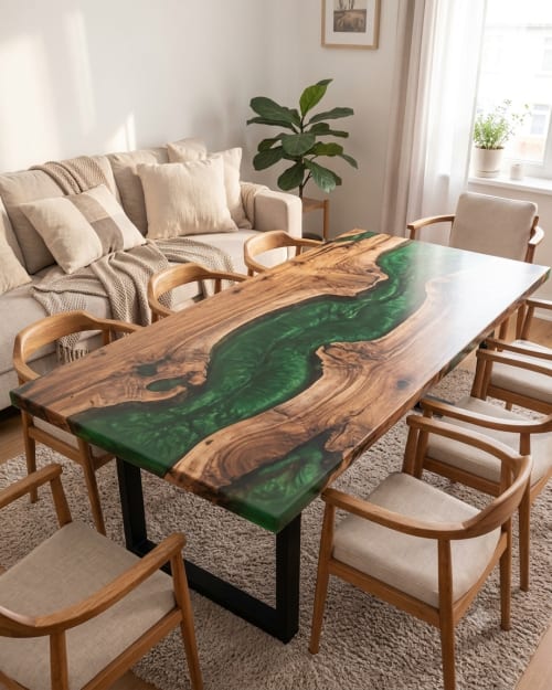 Luxury Green Epoxy Resin Dining Table | Live Edge Wood River | Tables by SK EPOXY CRAFT