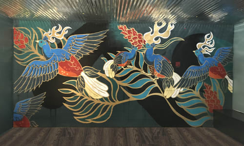Asian Exotic Bird Mural: Interior Reclaimed Wood | Murals by JUURI | The Ginger Pig in Denver