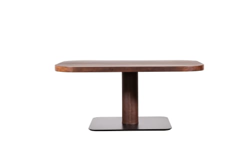 Modern Square Wood & Stitched Leather Pedestal Table | Tables by Costantini Design