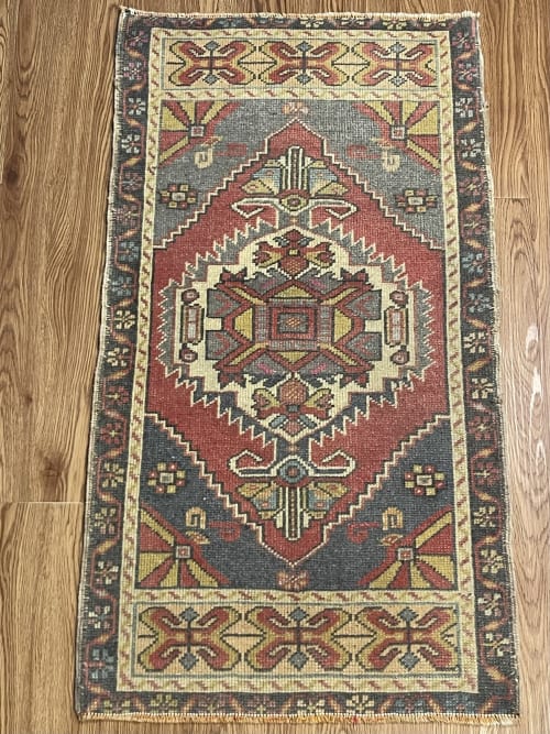 Vintage Hand-woven Turkish Rug Doormat| 1.10 x 3.3 | Small Rug in Rugs by Wool and Rug