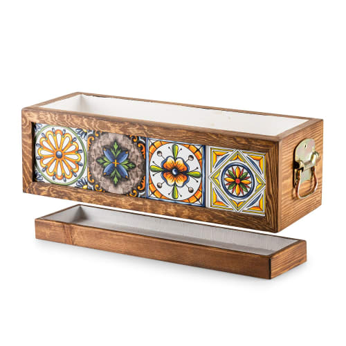 Wooden Planter Box with Mexican Tiles, Indoor and Outdoor | Vases & Vessels by Halohope Design